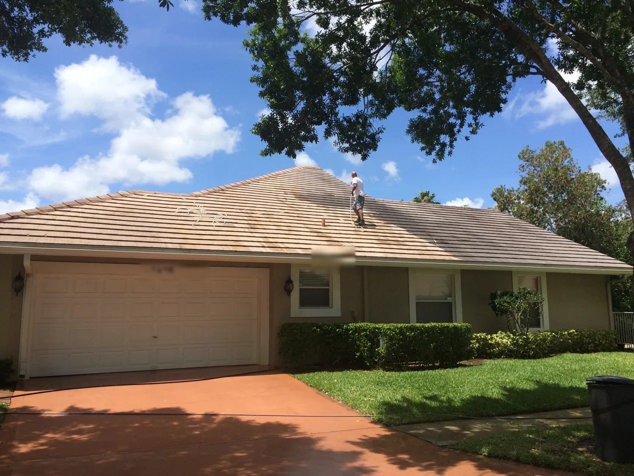 Soft-wash roof cleaning - flat tile roof, Boynton Beach, FL