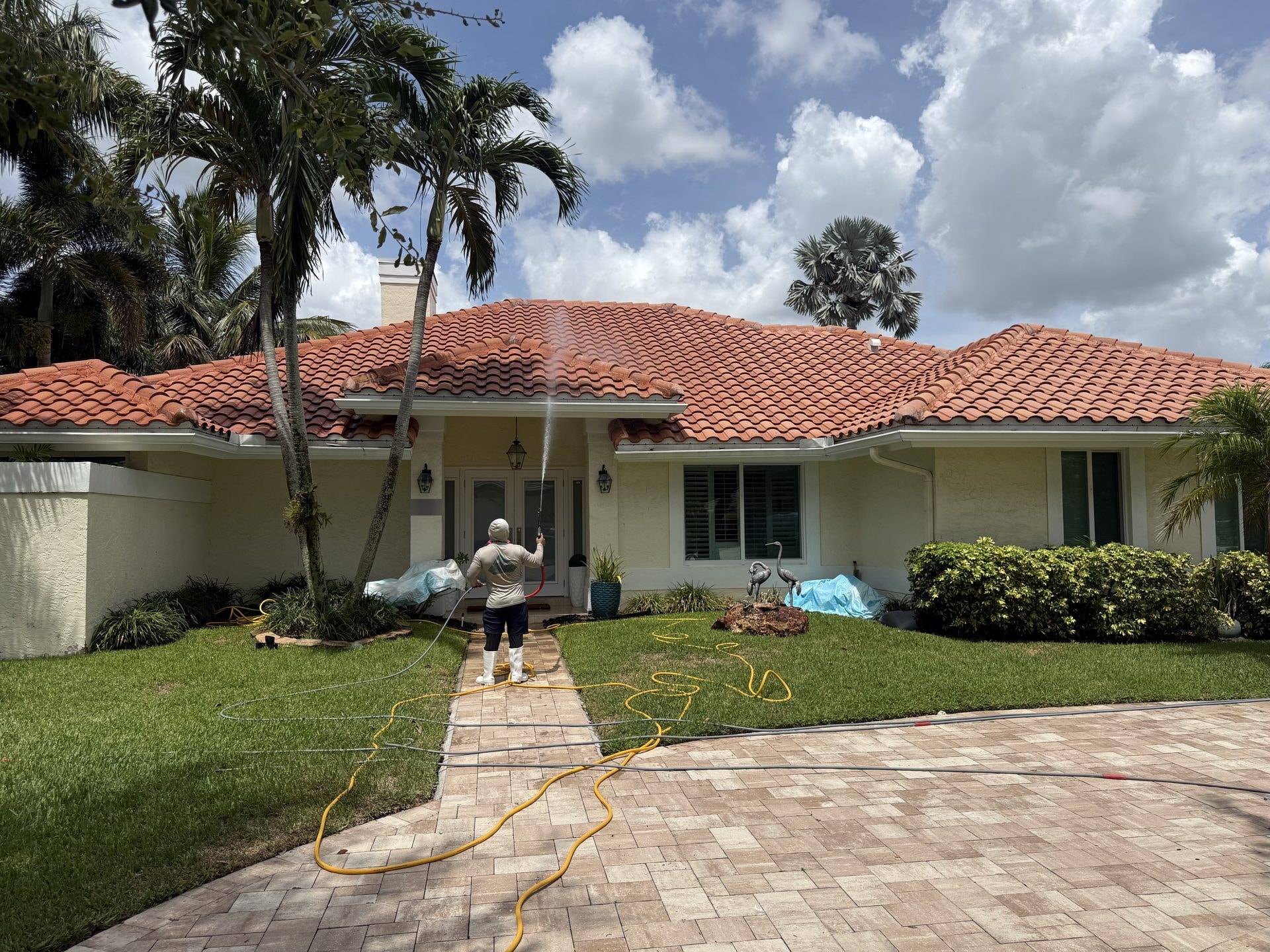 The same tile roof after soft-wash cleaning with the tile restored, Boca Raton, FL
