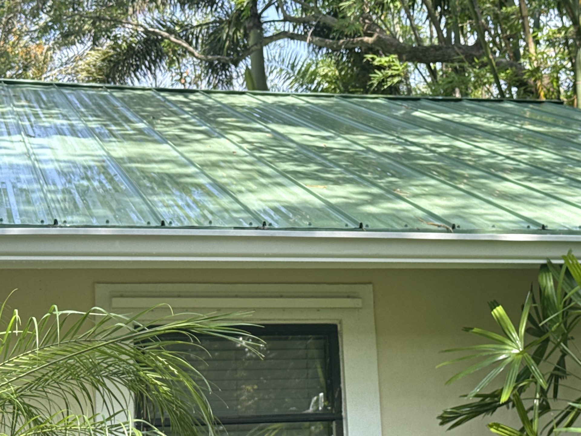 After: The same standing seam metal roof after cleaning, close view of the cleaned panels and seams, Palm Beach Gardens, FL