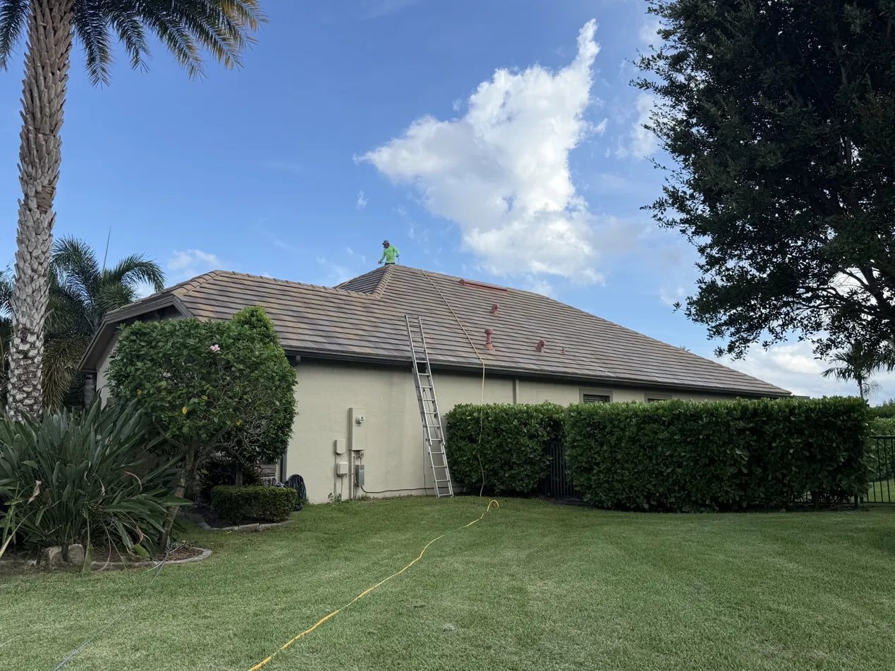 After: Soft-wash roof cleaning - flat tile roof, Wellington, FL — after treatment