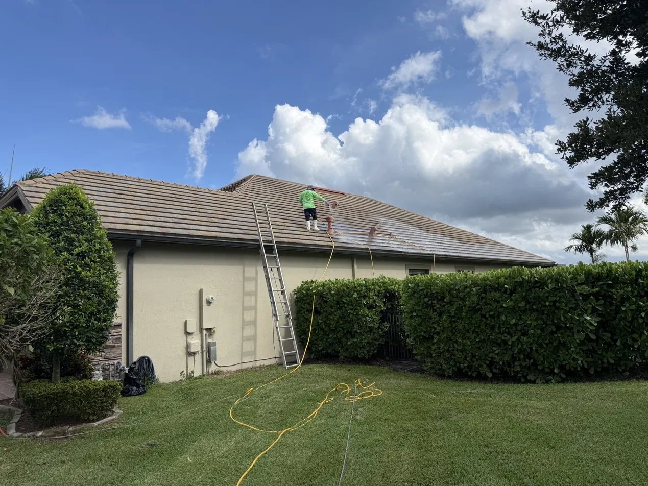 Before: Soft-wash roof cleaning - flat tile roof, Wellington, FL — before treatment