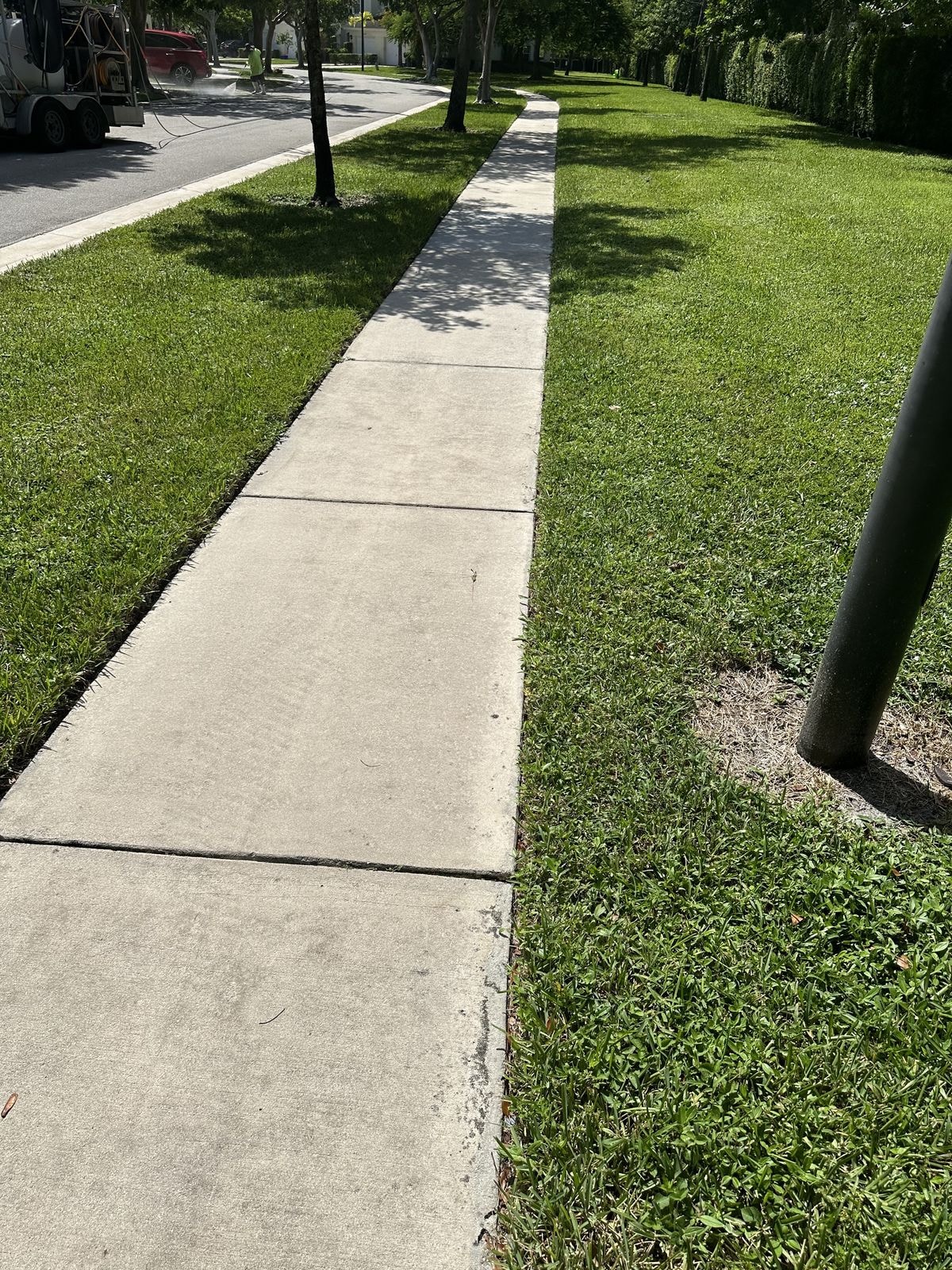 After: Before and after community sidewalk pressure washing — dark algae staining removed to reveal bright clean concrete, Lake Worth, FL