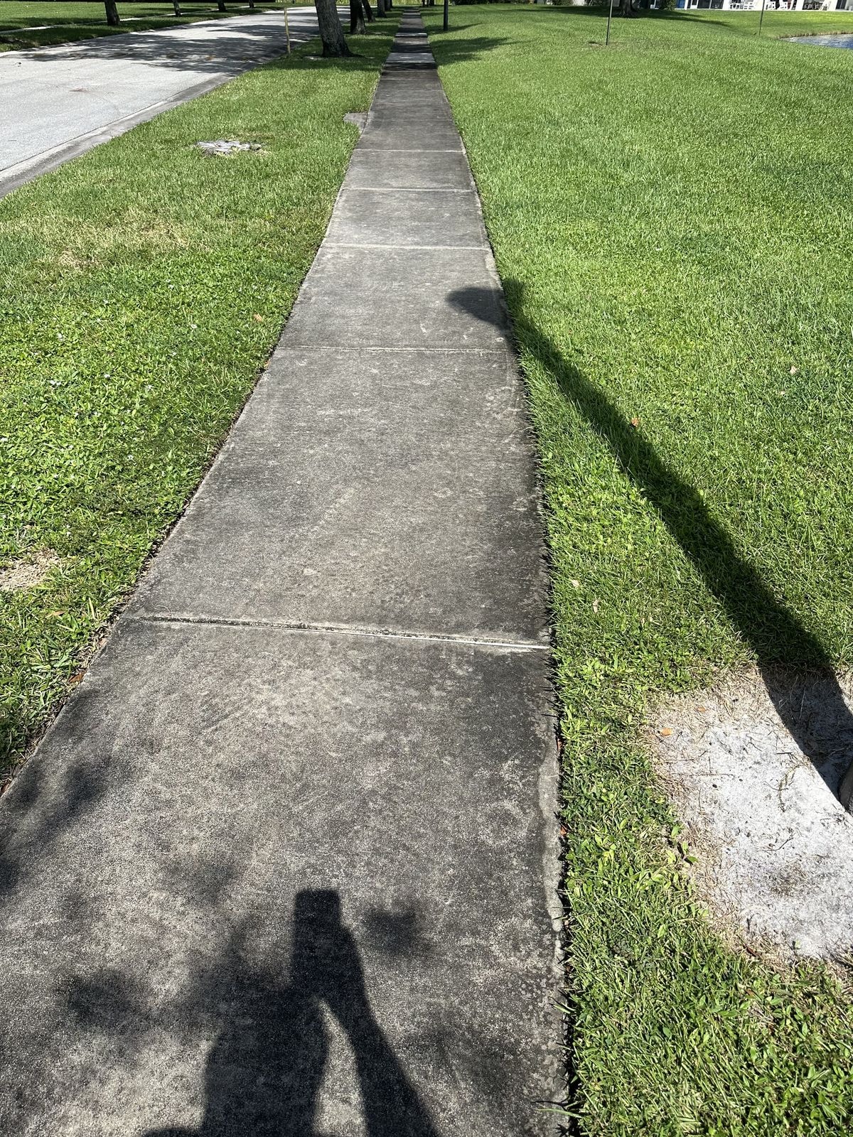 Before: Before and after community sidewalk pressure washing — dark algae staining removed to reveal bright clean concrete, Lake Worth, FL
