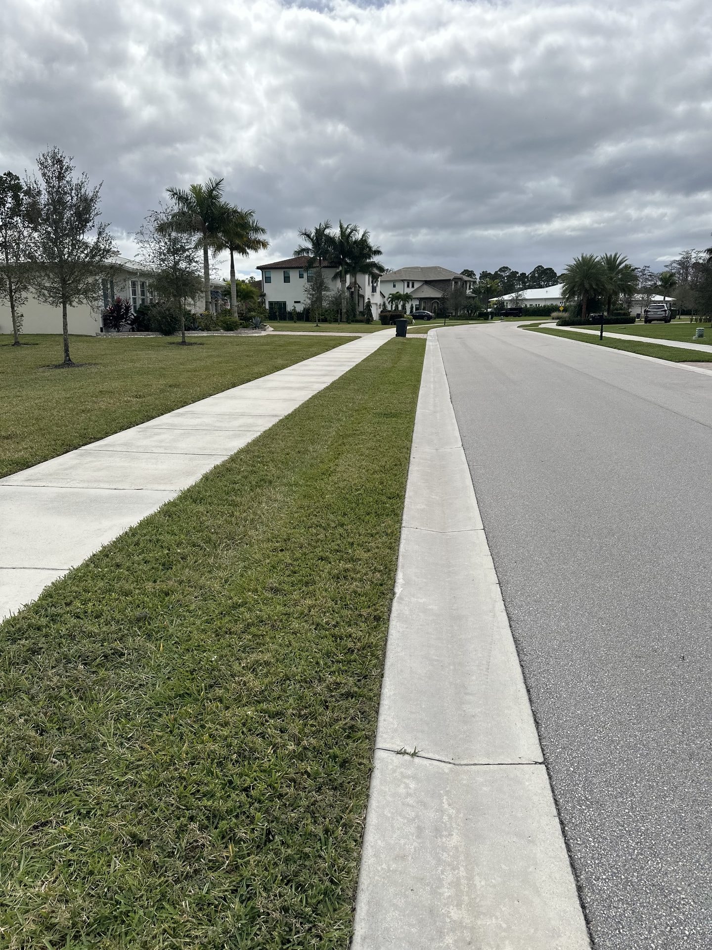 After: The same HOA sidewalk and curb after cleaning, clean concrete along the community roadway, Jupiter, FL