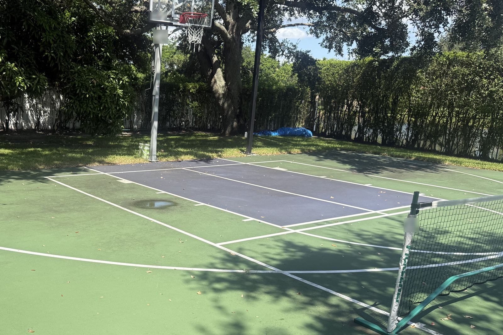 Multi-sport pickleball and basketball court in Davie, FL before soft washing, showing algae staining and debris on the green acrylic surface