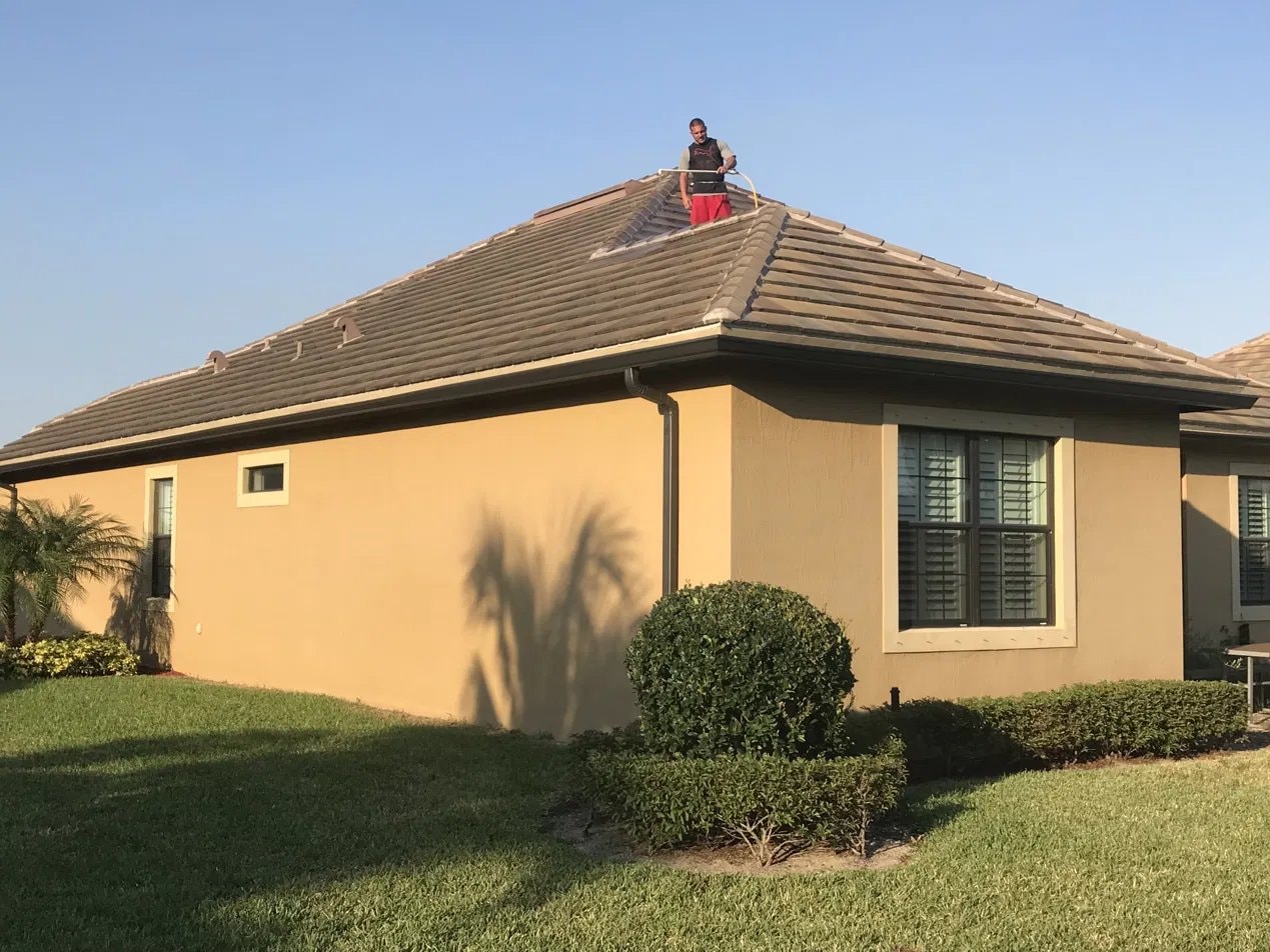 Soft-wash roof cleaning - barrel tile roof, Wellington, FL