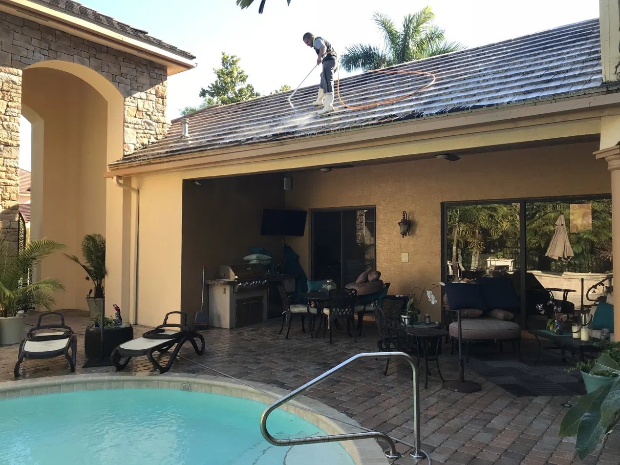 Soft-wash roof cleaning - flat tile roof, Versailles, Wellington, FL