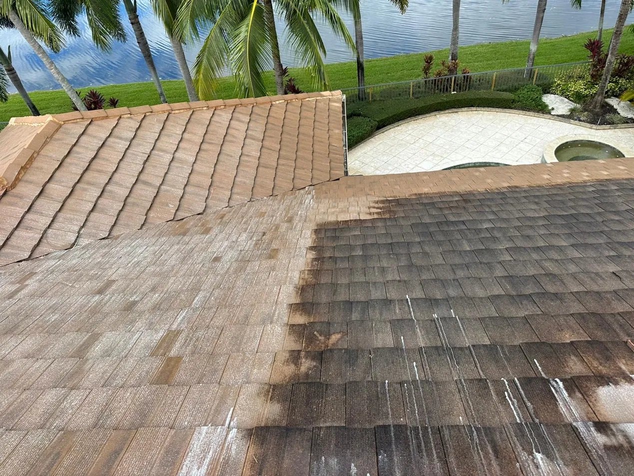 Soft-wash roof cleaning in progress - barrel tile roof, Jupiter, FL